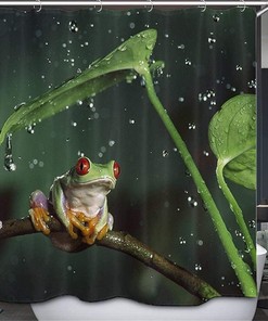 Watercolor Green Tree Frog On Rainy Branch Shower Curtain For Bathroom