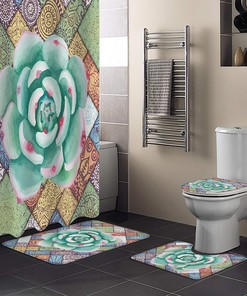 Watercolor Green Tropical Succulent Mandala Pattern At Home Shower Curtains