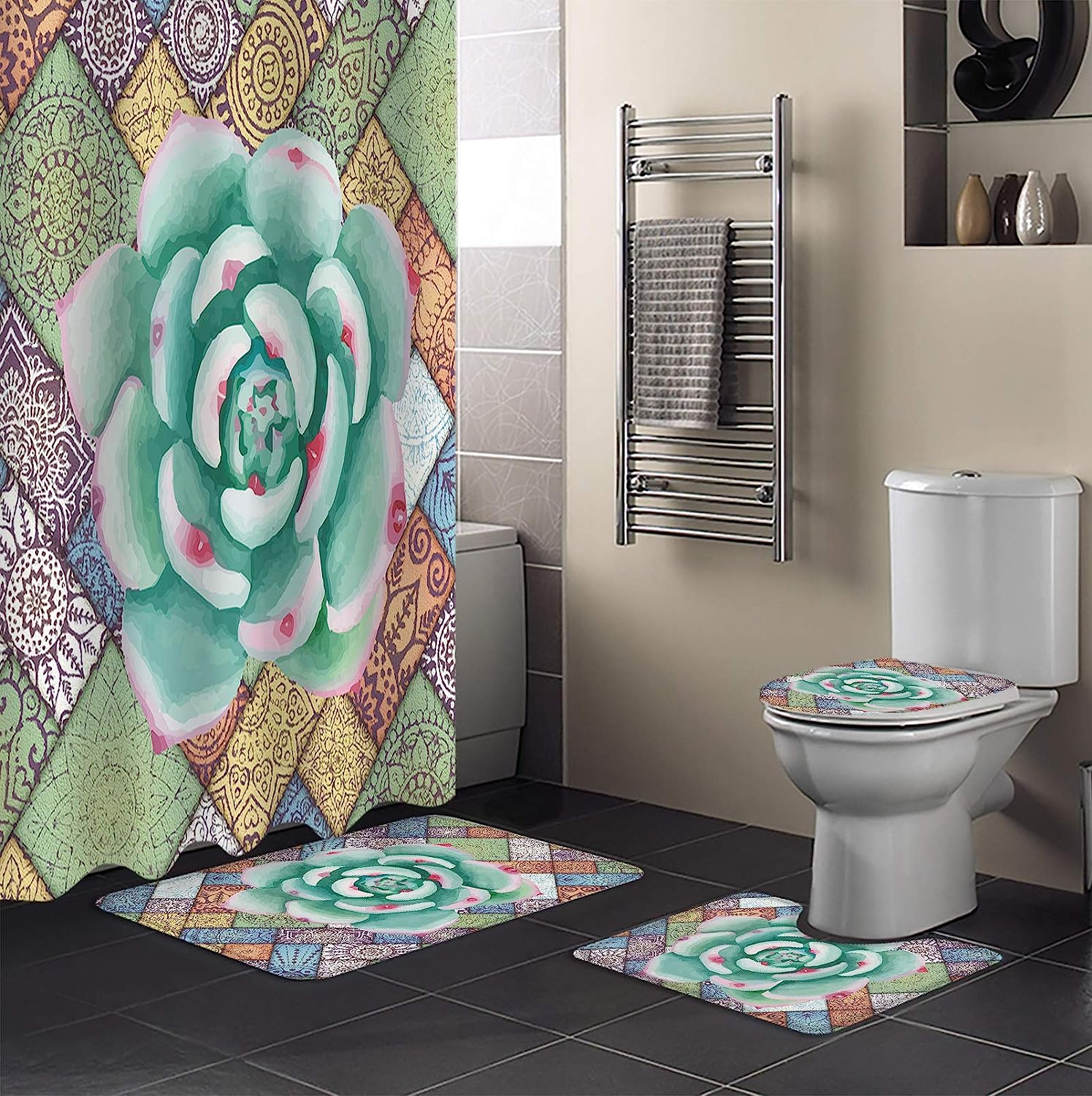Watercolor Green Tropical Succulent Mandala Pattern At Home Shower Curtains