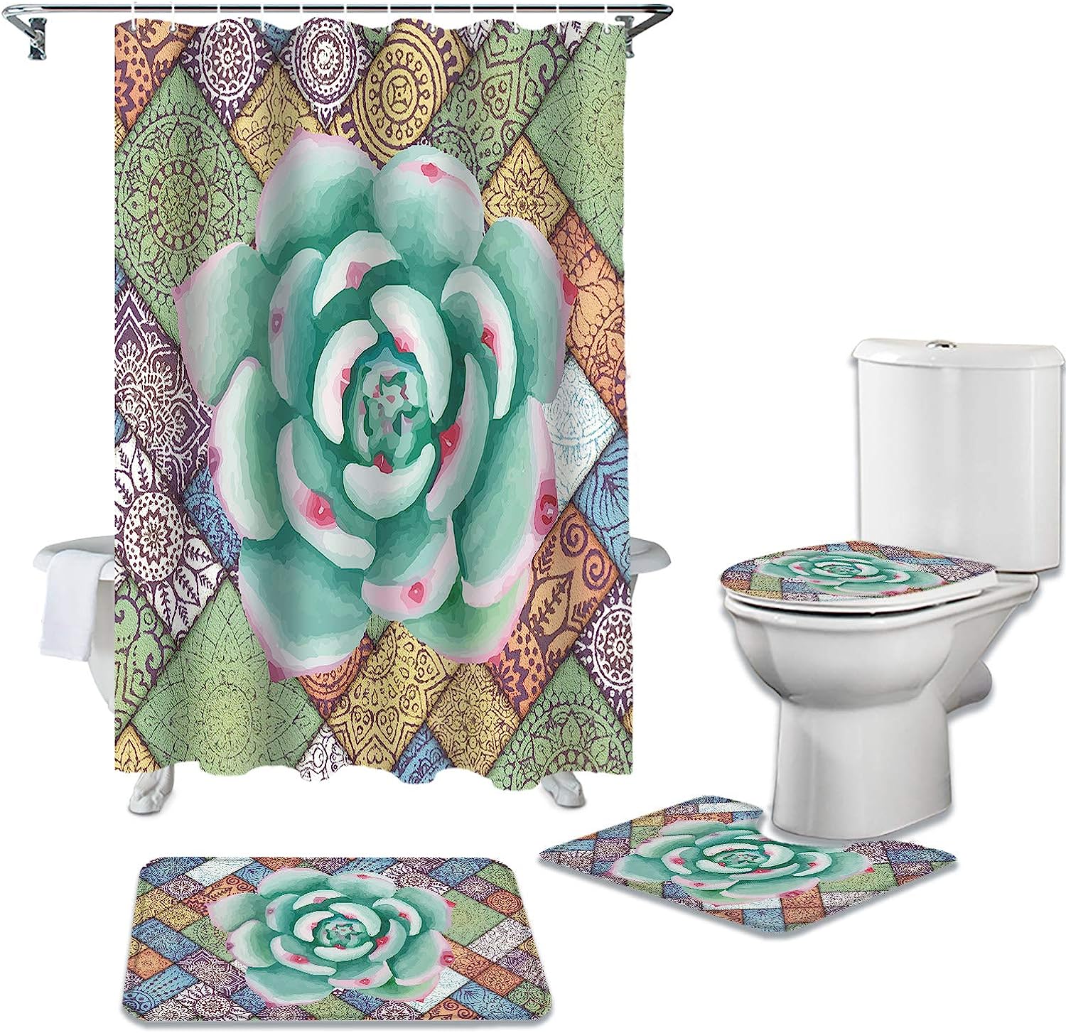 Watercolor Green Tropical Succulent Mandala Pattern At Home Shower Curtains - Image 2