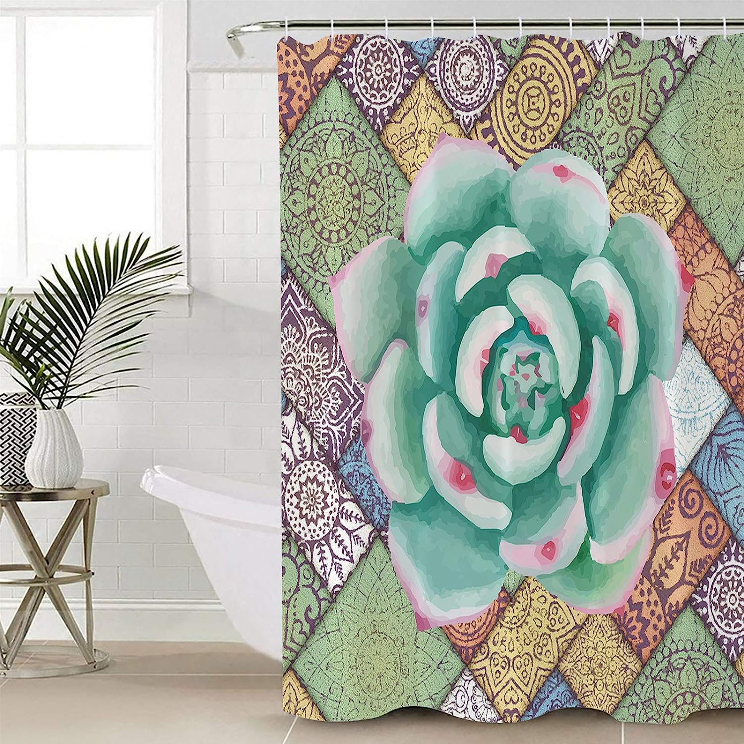 Watercolor Green Tropical Succulent Mandala Pattern At Home Shower Curtains - Image 3