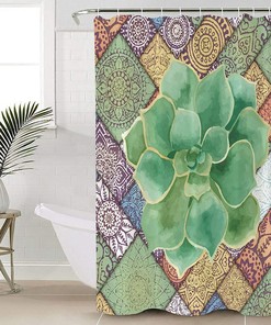 Watercolor Green Tropical Succulent Mandala Shower Curtain for Bathroom Decor