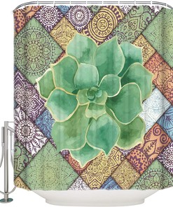 Watercolor Green Tropical Succulent Mandala Shower Curtain for Bathroom Decor