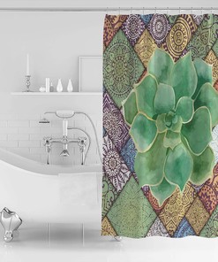 Watercolor Green Tropical Succulent Mandala Shower Curtain for Bathroom Decor