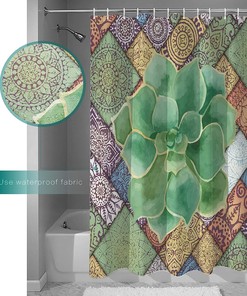 Watercolor Green Tropical Succulent Mandala Shower Curtain for Bathroom Decor