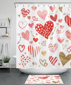 Watercolor Hand Drawn Hearts Valentine's Day Shower Curtain for Bathroom Decor