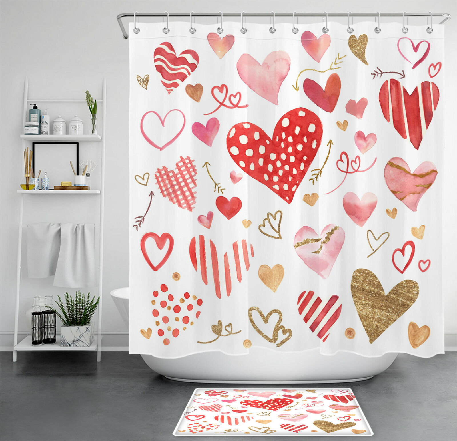 Watercolor Hand Drawn Hearts Valentine's Day Shower Curtain for Bathroom Decor