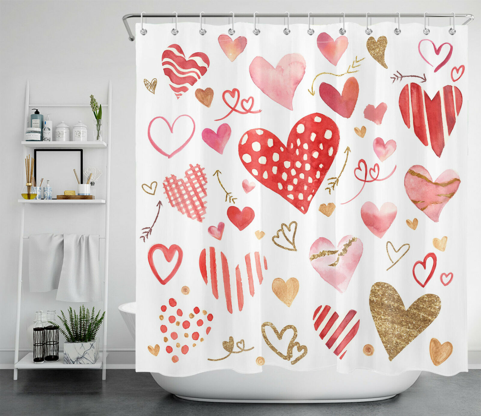 Watercolor Hand Drawn Hearts Valentine's Day Shower Curtain for Bathroom Decor