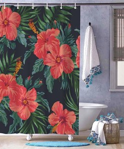 Watercolor Hawaiian Hibiscus Flower Palm Leaf Shower Curtain - Elegant And Stylish Fabric Curtain For Your Bathroom