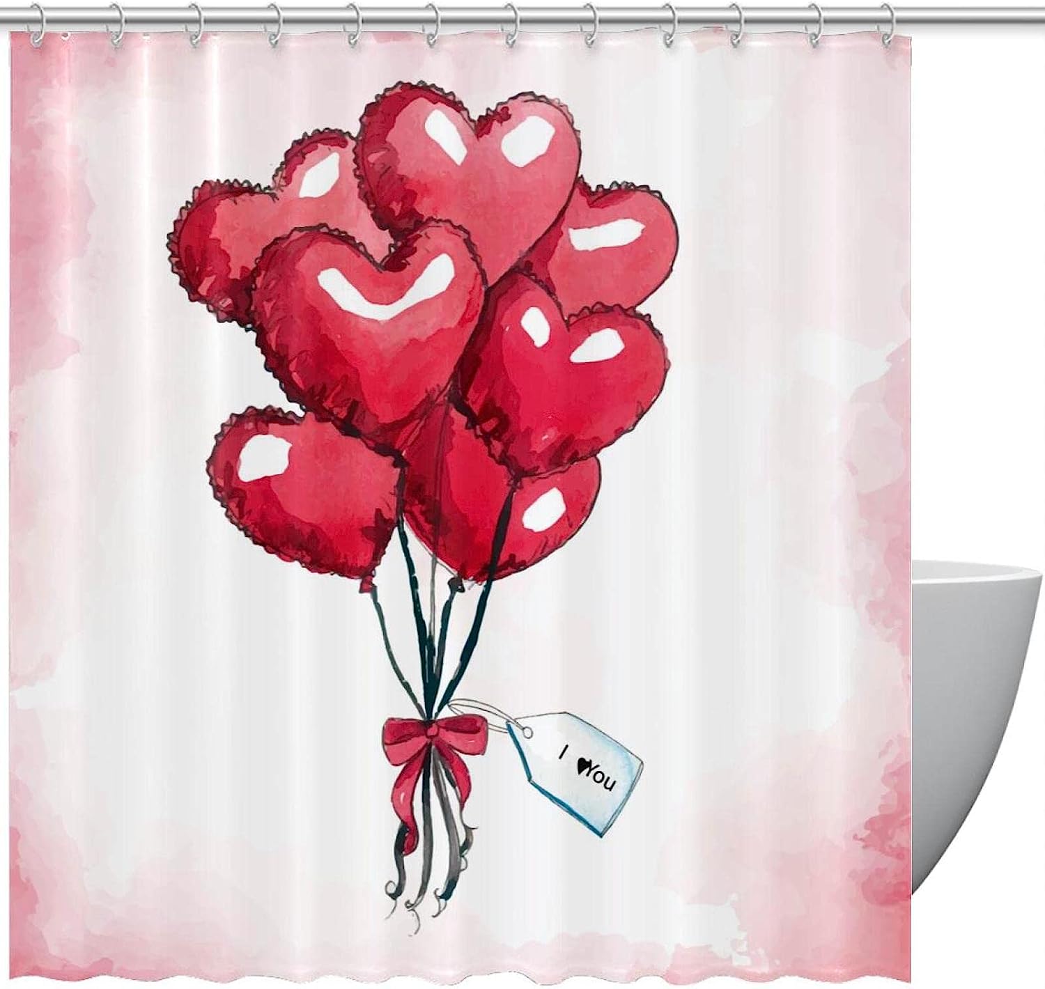 Watercolor Heart Balloons I Love You Shower Curtain, Romantic Bathroom Decor