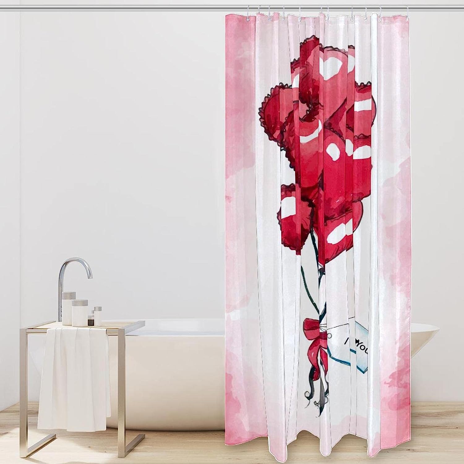 Watercolor Heart Balloons I Love You Shower Curtain, Romantic Bathroom Decor