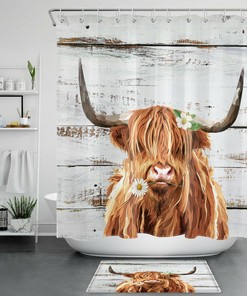Watercolor Highland Cow Shower Curtain Rustic Board Bathroom Accessories