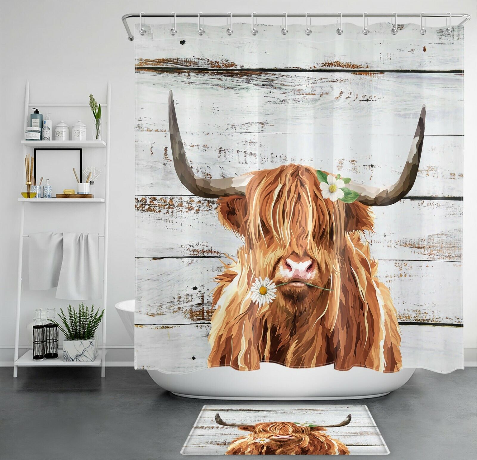Watercolor Highland Cow Shower Curtain Rustic Board Bathroom Accessories