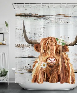 Watercolor Highland Cow Shower Curtain Rustic Board Bathroom Accessories