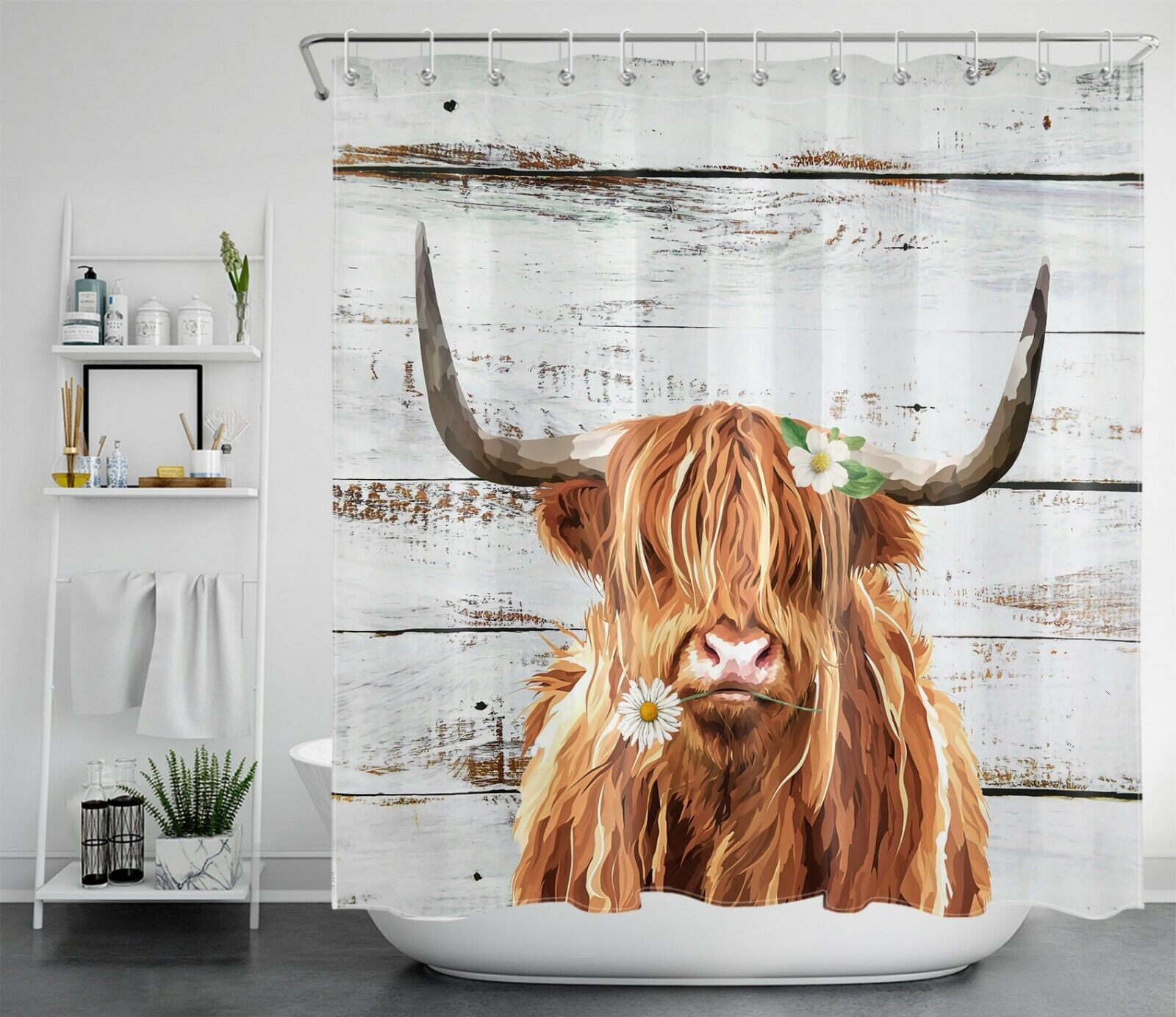 Watercolor Highland Cow Shower Curtain Rustic Board Bathroom Accessories