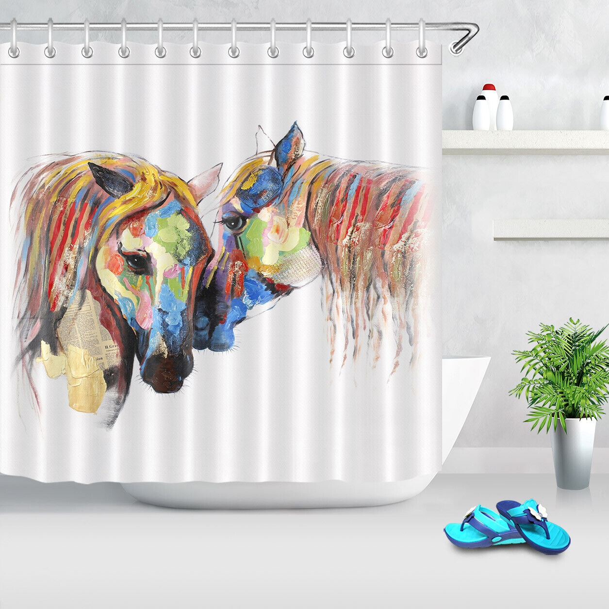 Watercolor Horse Art Shower Curtain For A Rustic Bathroom - Image 2