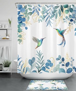 Watercolor Hummingbird Leaf Print Shower Curtain For Bathroom