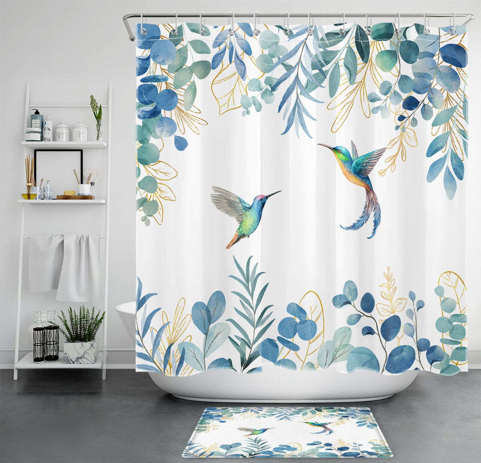 Watercolor Hummingbird Leaf Print Shower Curtain For Bathroom