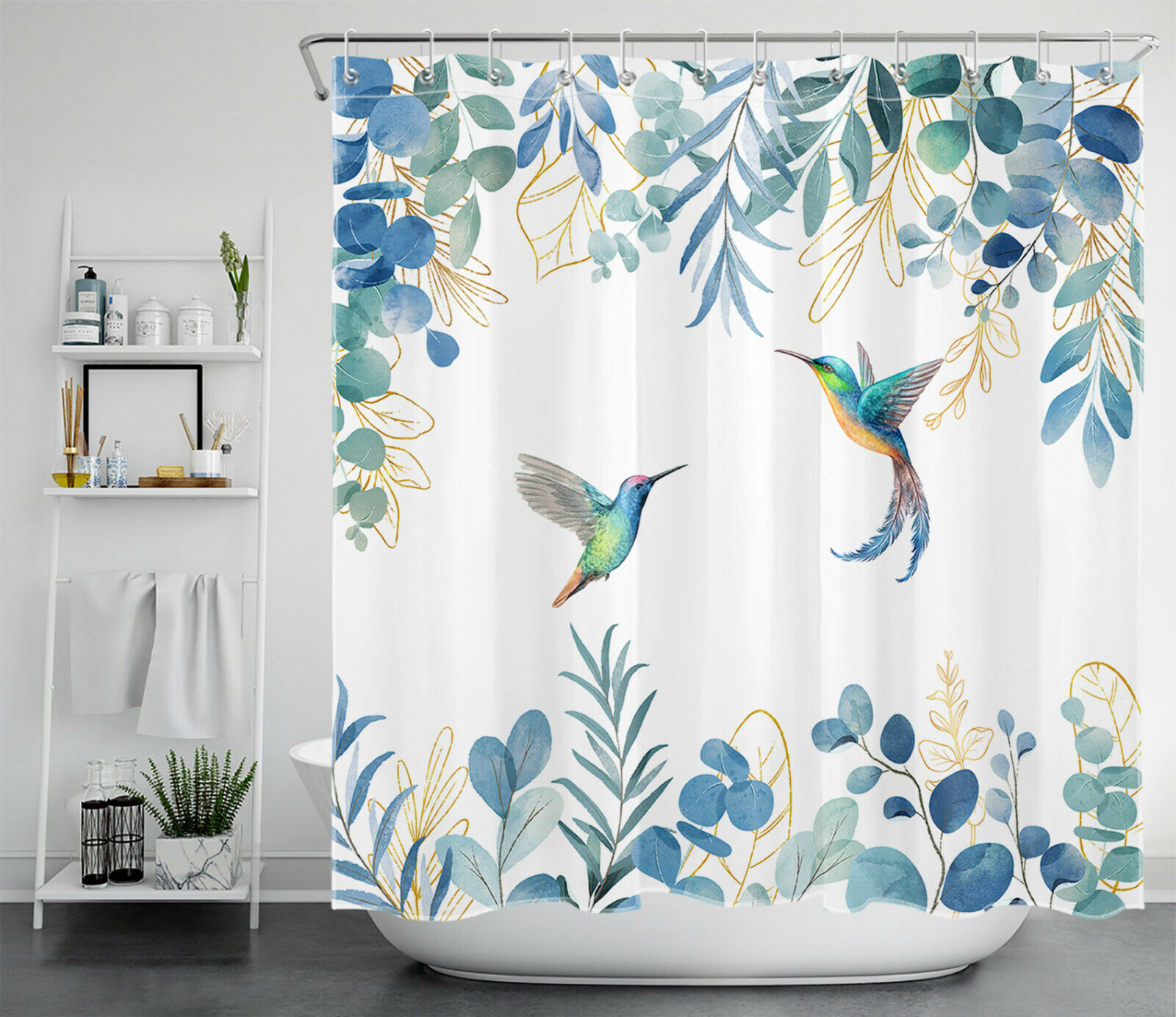 Watercolor Hummingbird Leaf Print Shower Curtain For Bathroom