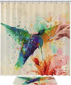 Watercolor Hummingbird Luxury Shower Curtain, Waterproof Fabric Bathroom Decor