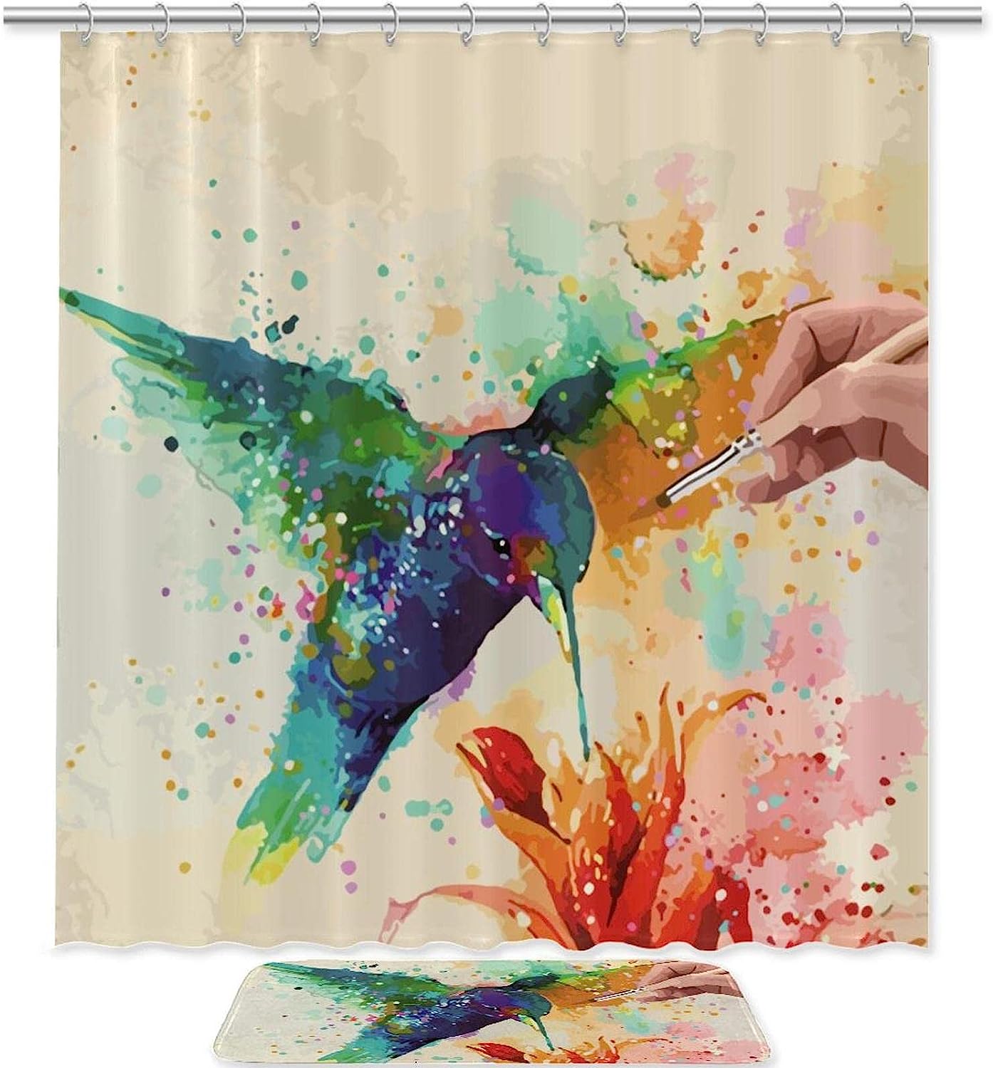Watercolor Hummingbird Luxury Shower Curtain, Waterproof Fabric Bathroom Decor