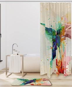 Watercolor Hummingbird Luxury Shower Curtain, Waterproof Fabric Bathroom Decor