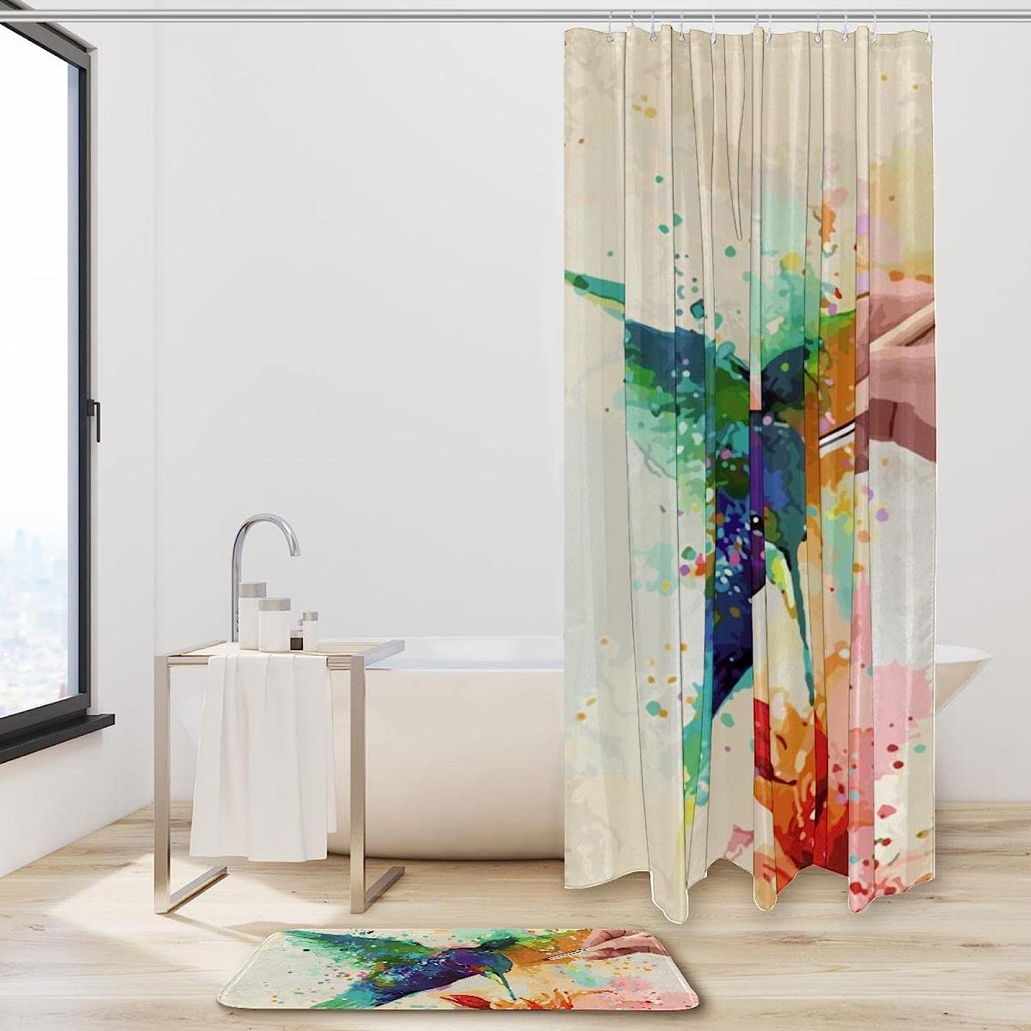 Watercolor Hummingbird Luxury Shower Curtain, Waterproof Fabric Bathroom Decor