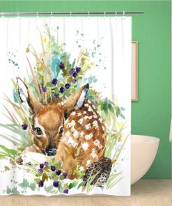 Watercolor Illustration Deer Fawn Forest Animals Shower Curtain