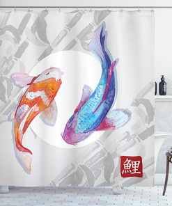 Watercolor Koi Fish Shower Curtain | Couple Design With Brushstrokes | Cloth Fabric Bathroom Decor (Blue Orange)
