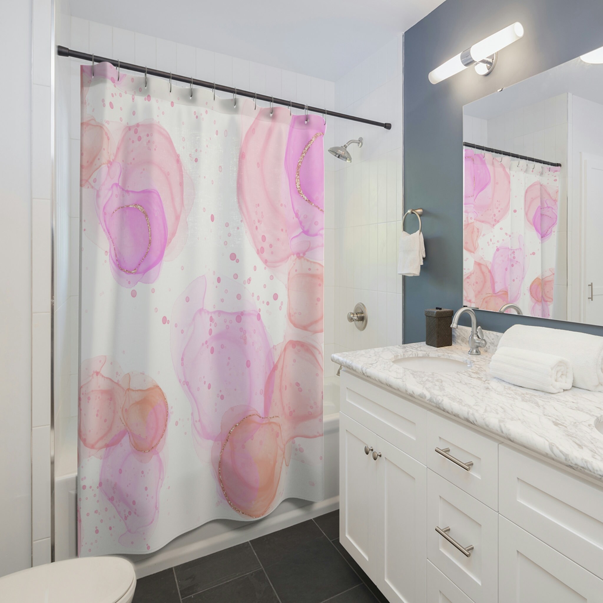 Watercolor Lavender, Peach, Gold & White Shower Curtain with Guest Bathroom Shower Decor