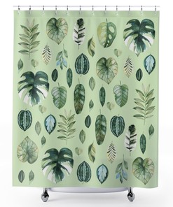 Watercolor Leaves Plant Lover Shower Curtain, House Plants Bath Curtain Decor