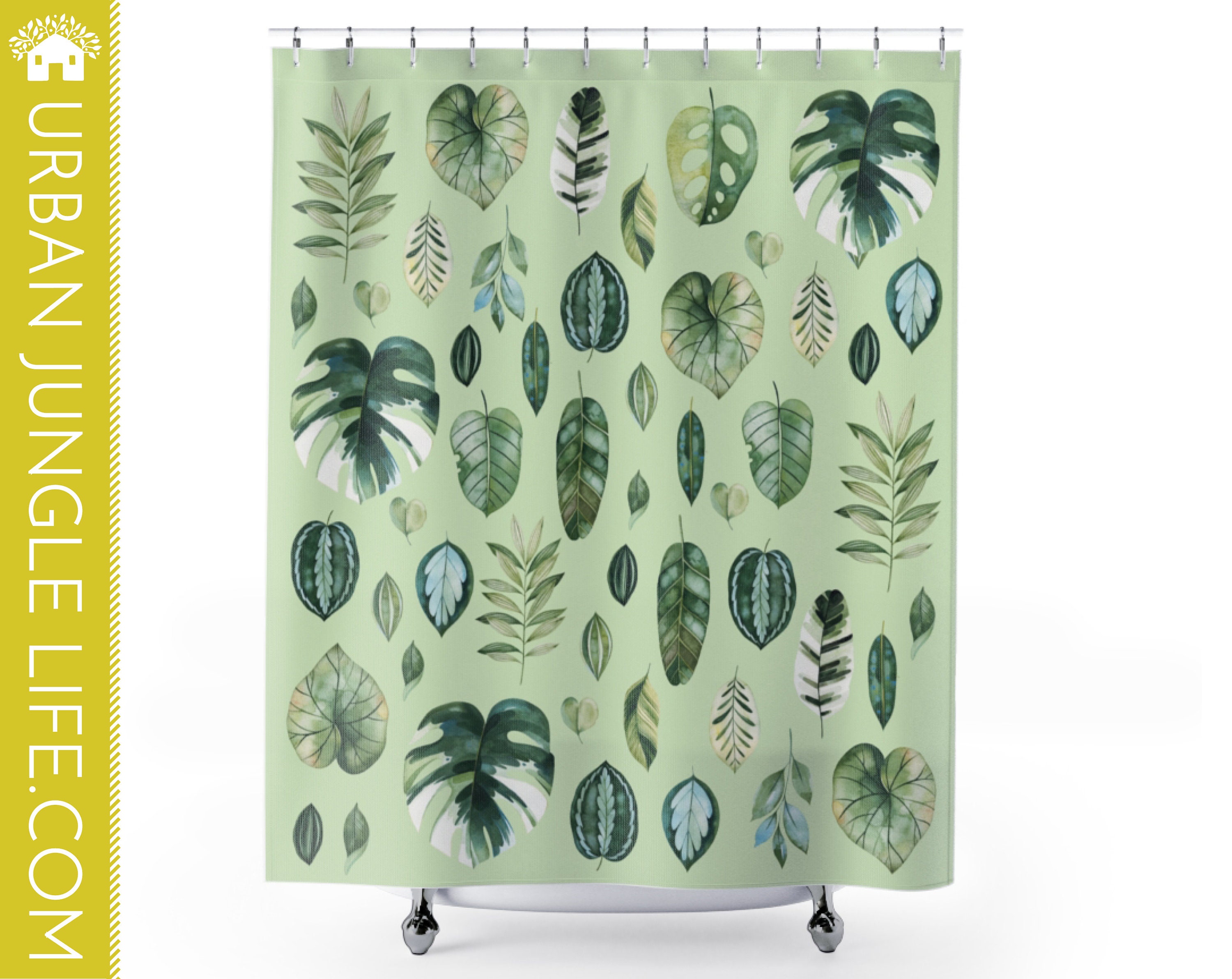 Watercolor Leaves Plant Lover Shower Curtain, House Plants Bath Curtain Decor