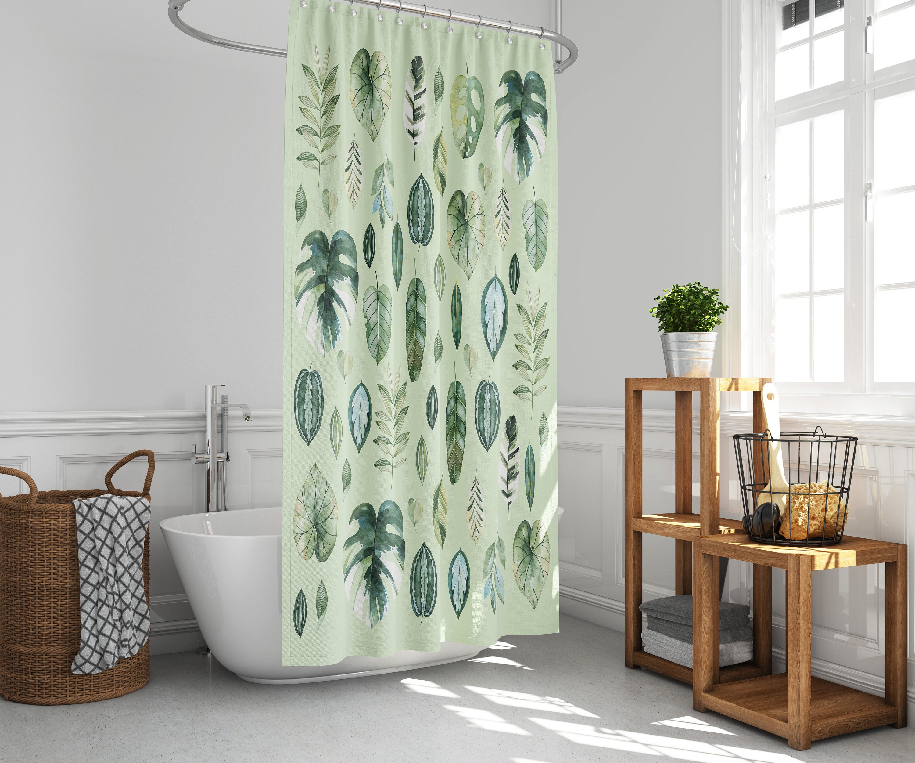 Watercolor Leaves Plant Lover Shower Curtain, House Plants Bath Curtain Decor
