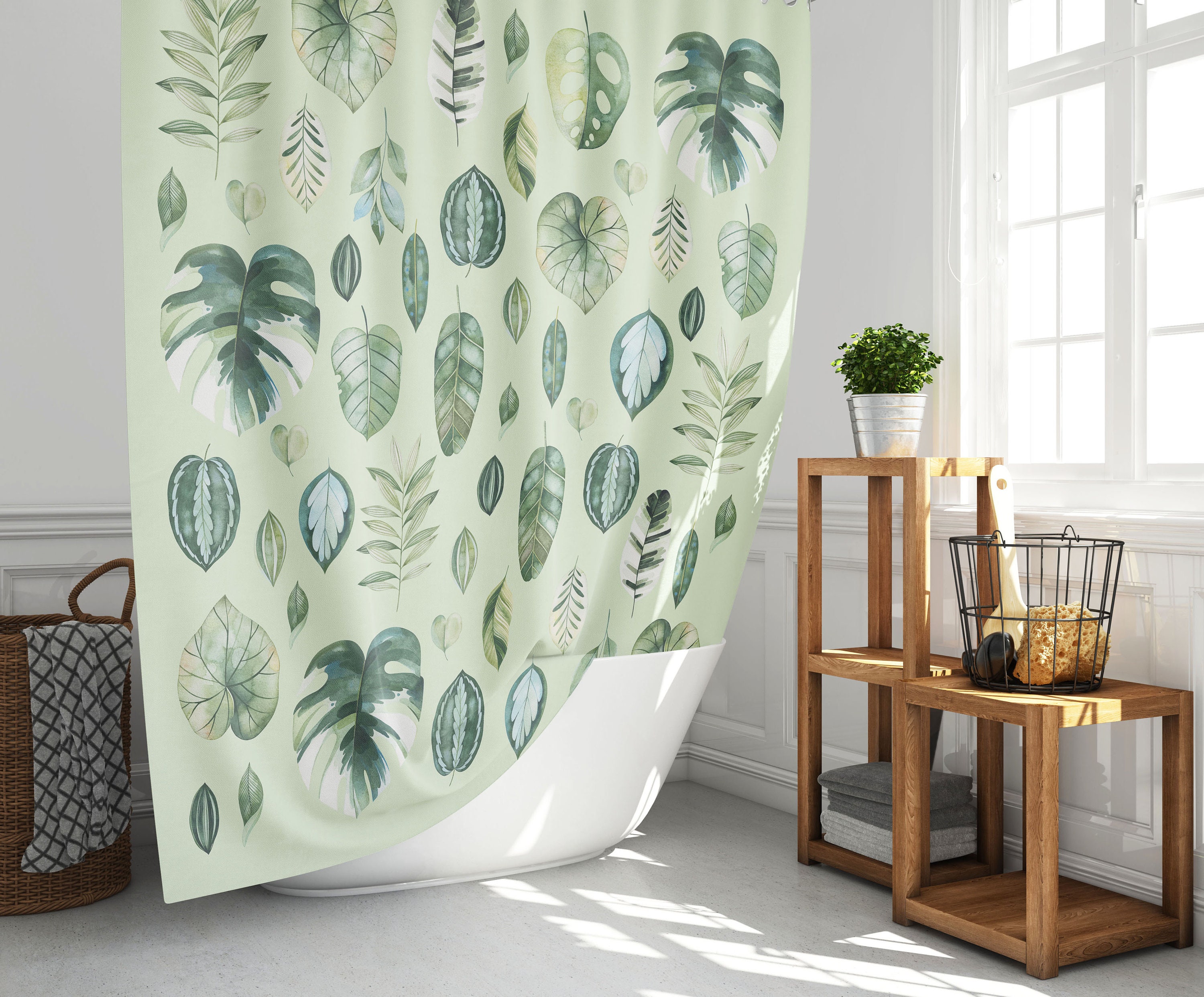 Watercolor Leaves Plant Lover Shower Curtain, House Plants Bath Curtain Decor