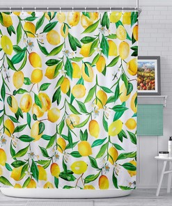 Watercolor Lemon Print Yellow Green Shower Curtain Fabric Bathroom Decor