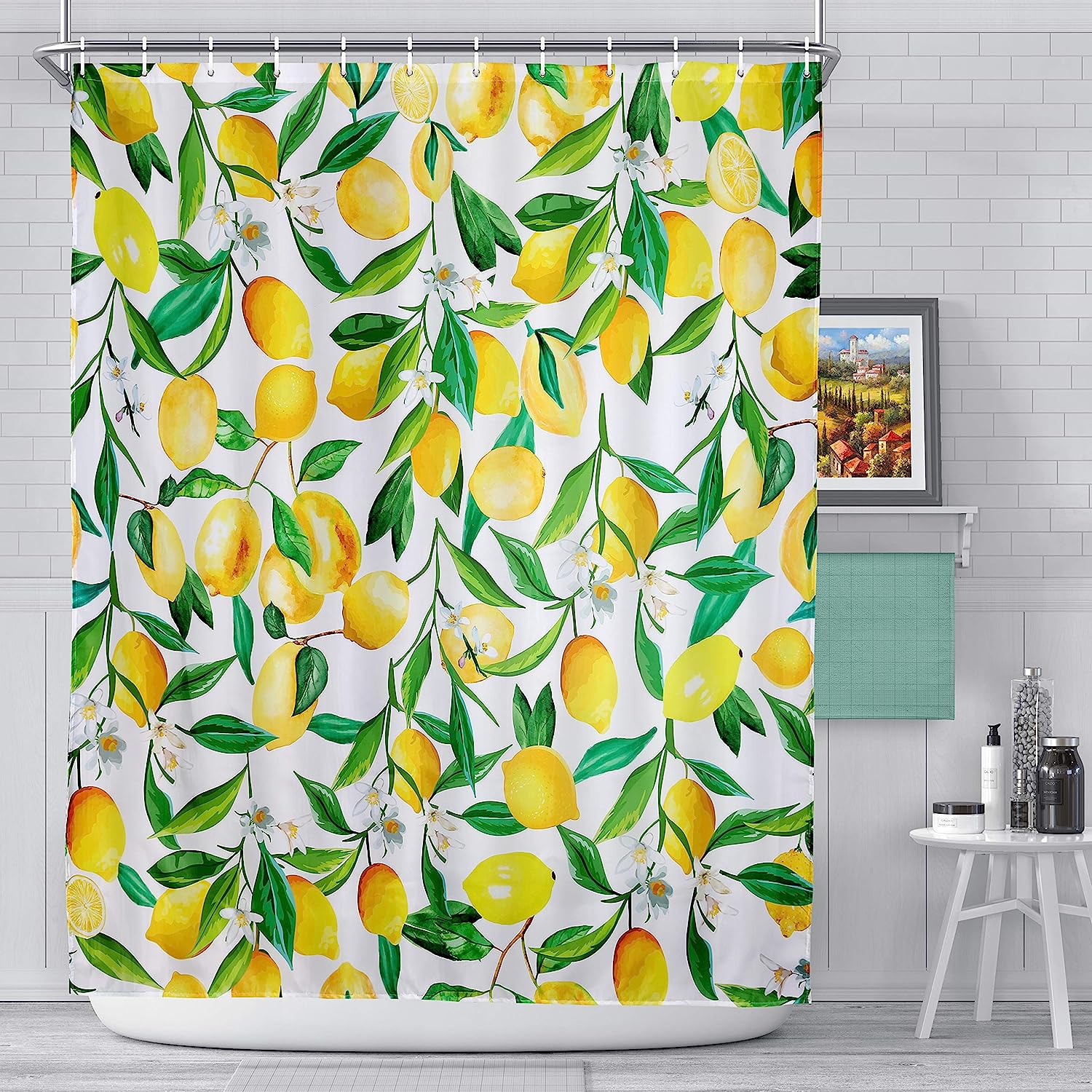 Watercolor Lemon Print Yellow Green Shower Curtain Fabric Bathroom Decor