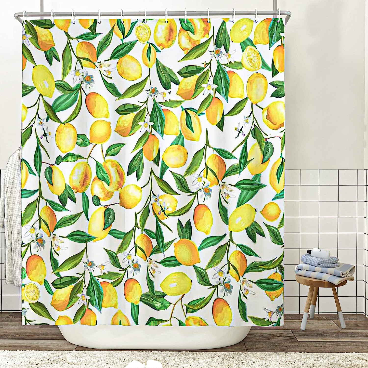 Watercolor Lemon Print Yellow Green Shower Curtain Fabric Bathroom Decor - Image 2