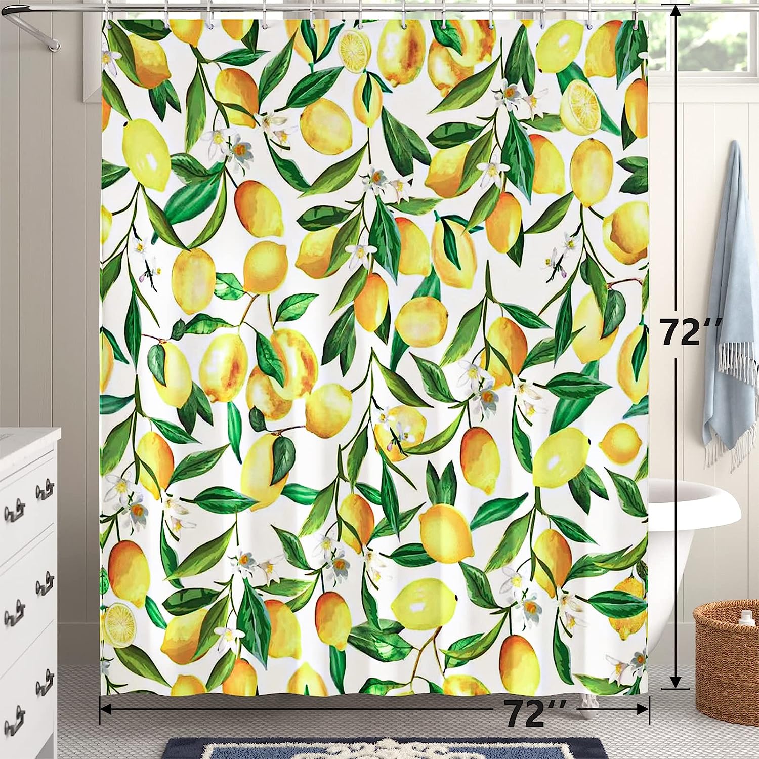 Watercolor Lemon Print Yellow Green Shower Curtain Fabric Bathroom Decor - Image 3