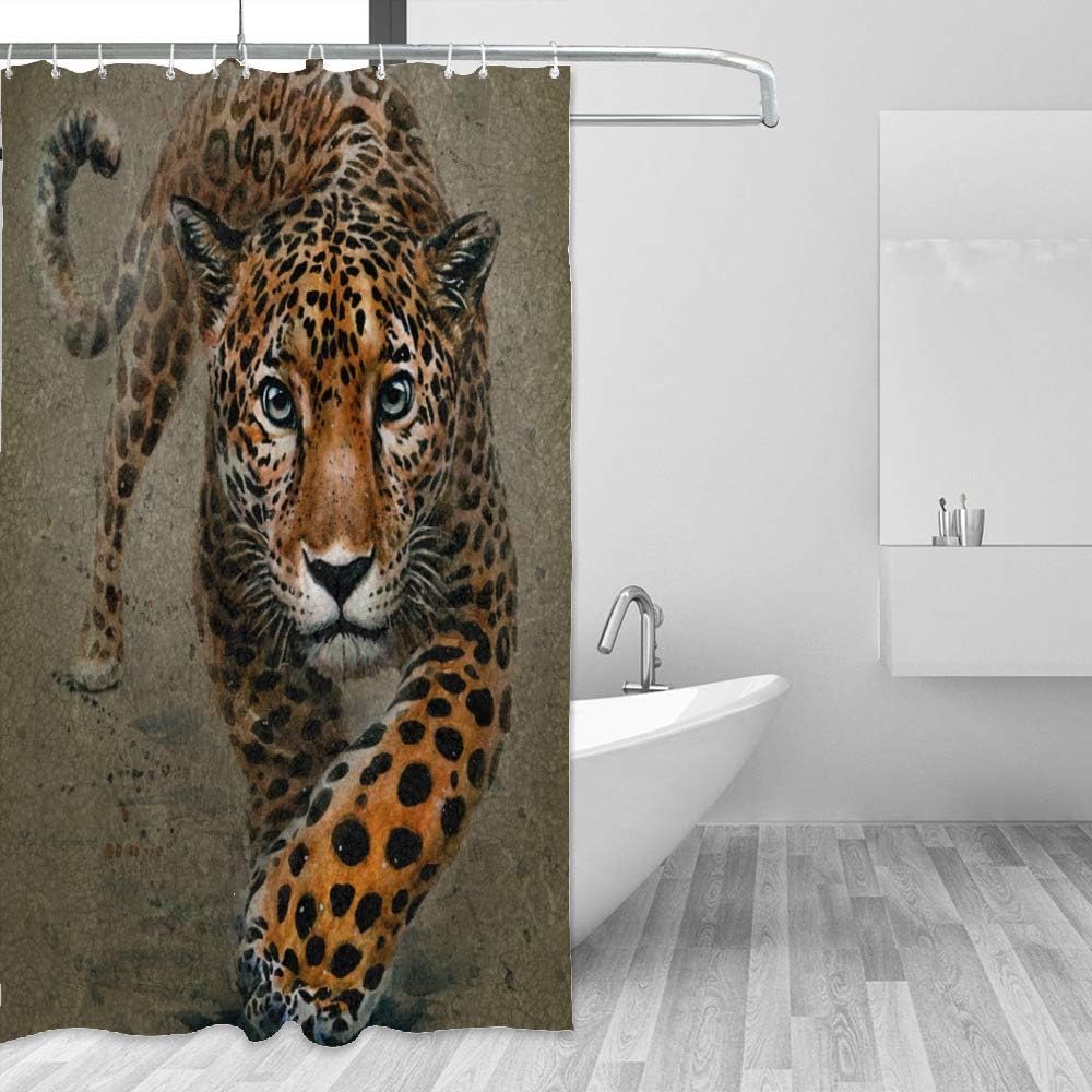 Watercolor Leopard Print Waterproof Fabric Shower Curtain for Animal Bathroom Decor