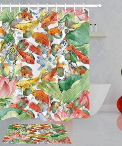 Watercolor Lotus Fish Carp Koi Flower Shower Curtain, Serene Bathroom Decor