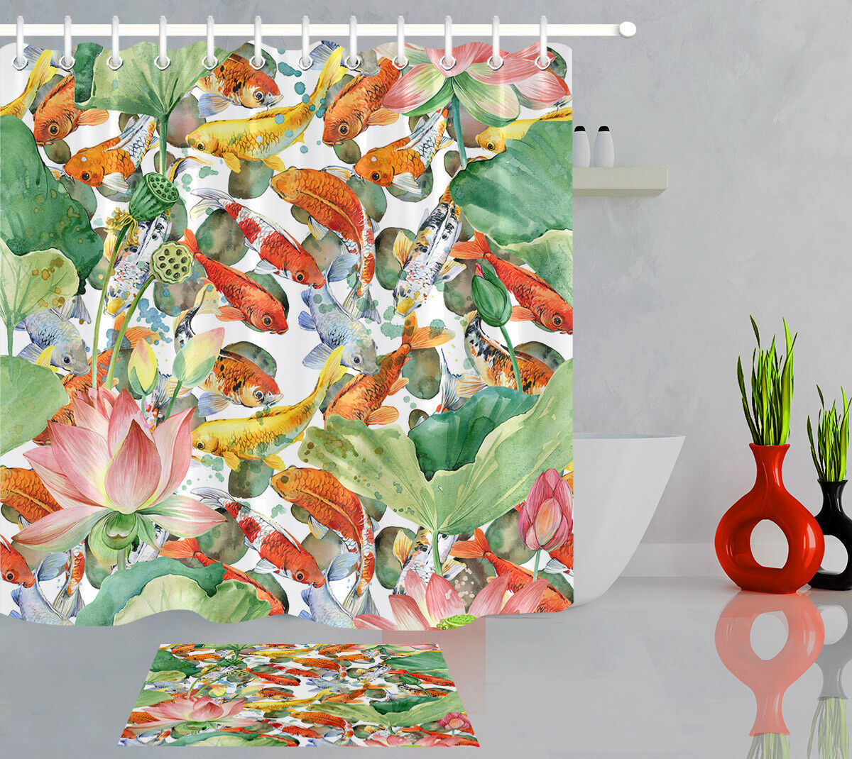 Watercolor Lotus Fish Carp Koi Flower Shower Curtain, Serene Bathroom Decor