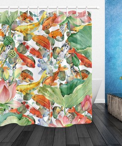 Watercolor Lotus Fish Carp Koi Flower Shower Curtain, Serene Bathroom Decor