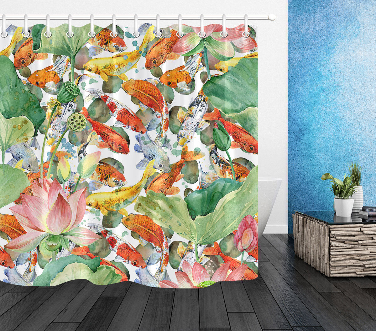 Watercolor Lotus Fish Carp Koi Flower Shower Curtain, Serene Bathroom Decor