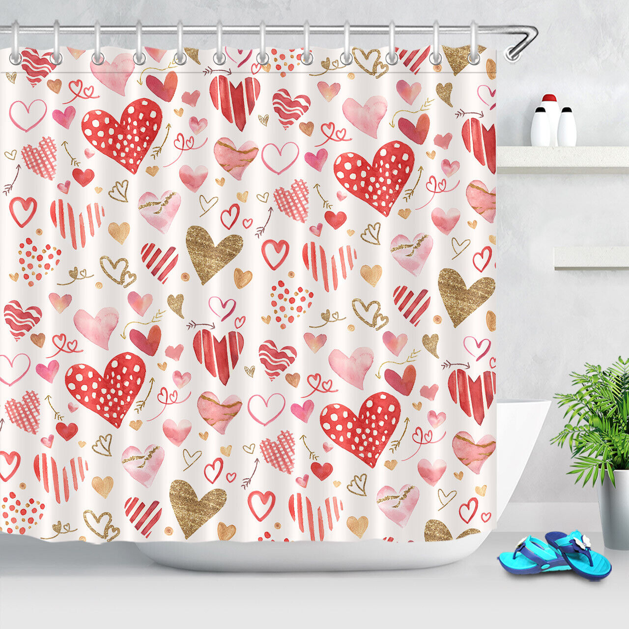 Watercolor Love Hearts Design Valentine's Day Shower Curtain for Bathroom Decor