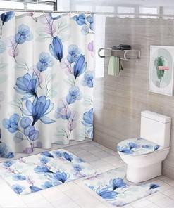 Watercolor Magnolia Blue Flowers Shower Curtain, Waterproof Bathroom Decor by Vantaso