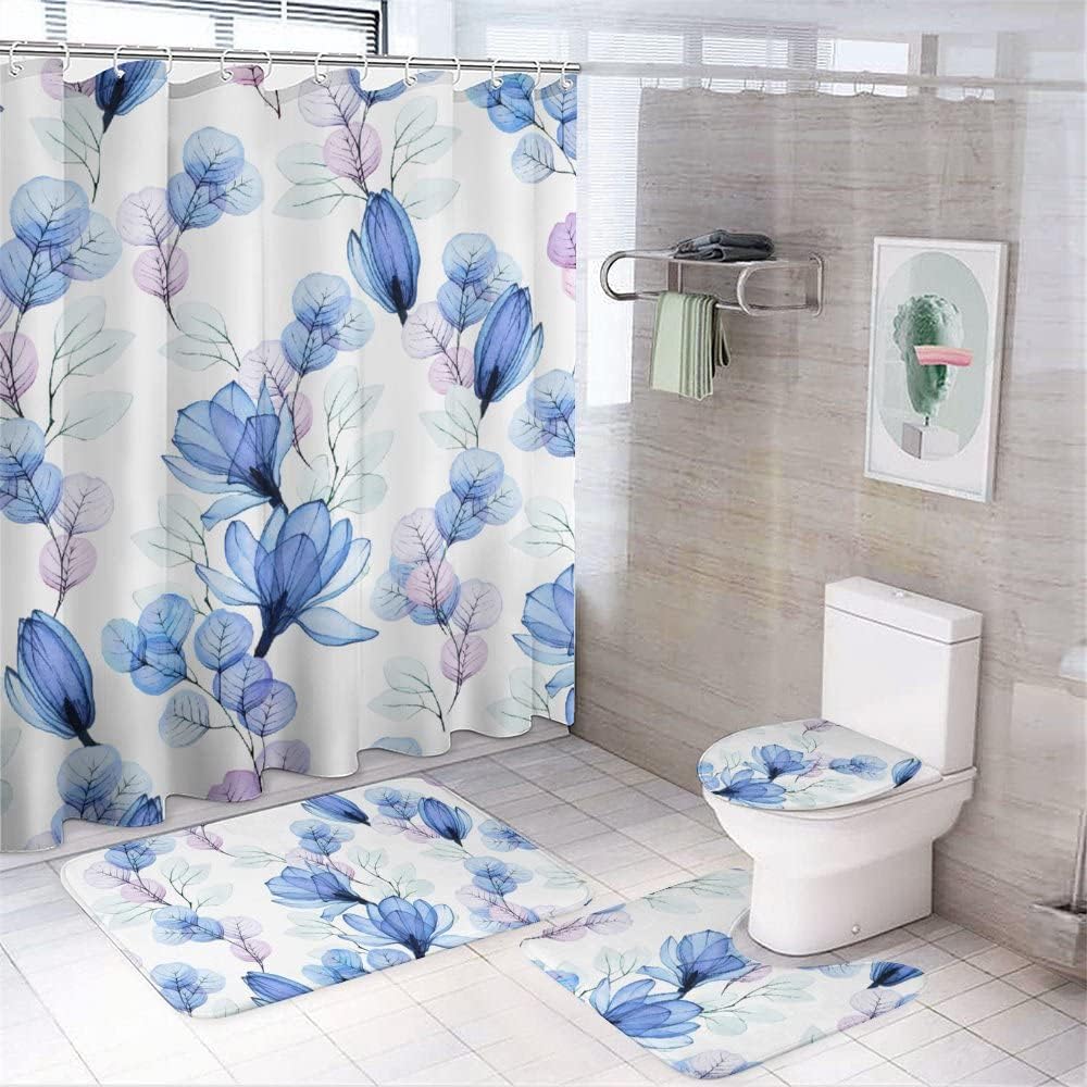Watercolor Magnolia Blue Flowers Shower Curtain, Waterproof Bathroom Decor by Vantaso