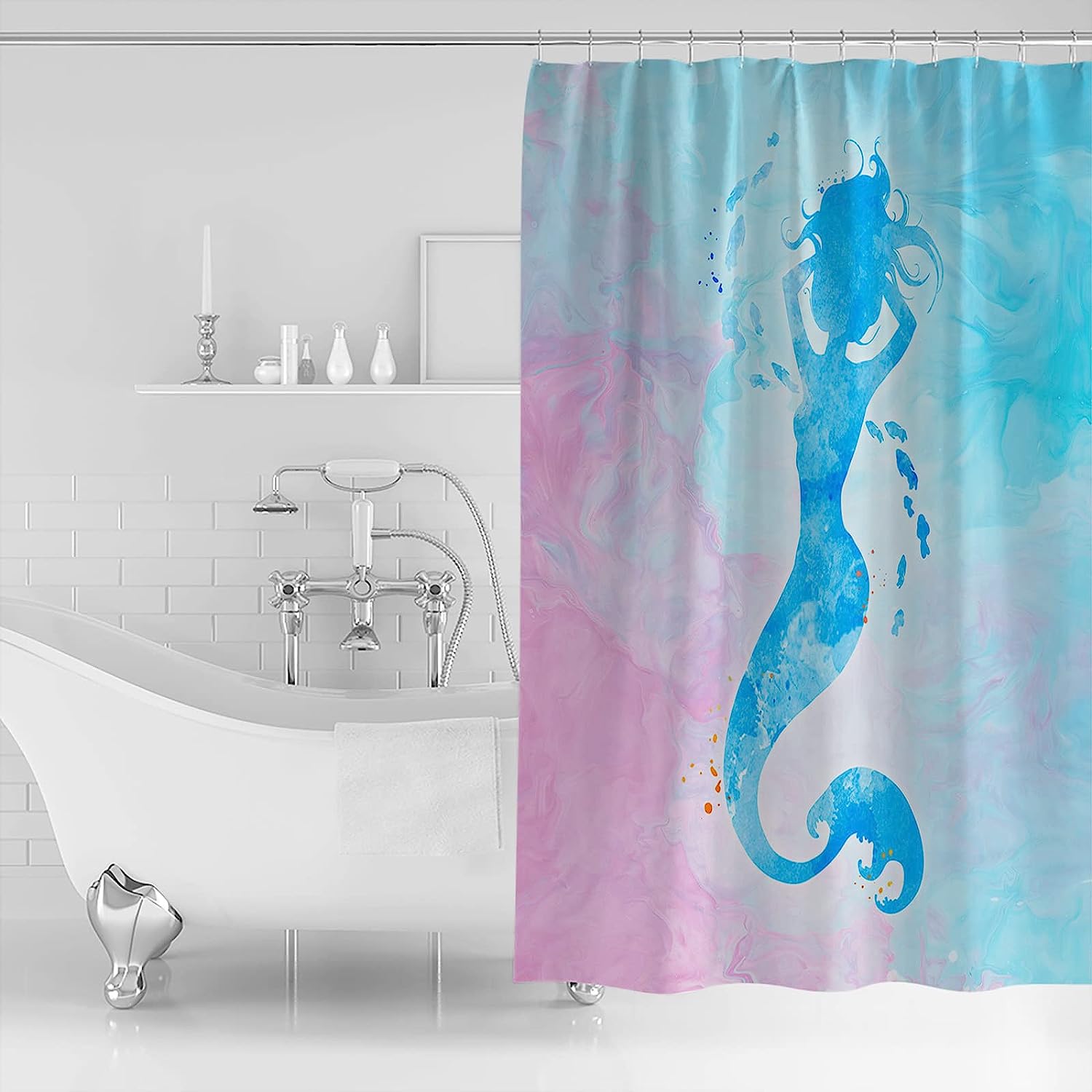 Watercolor Mermaid Fish Dreamy Silhouette Unique Shower Curtain for a Beachy Ambience