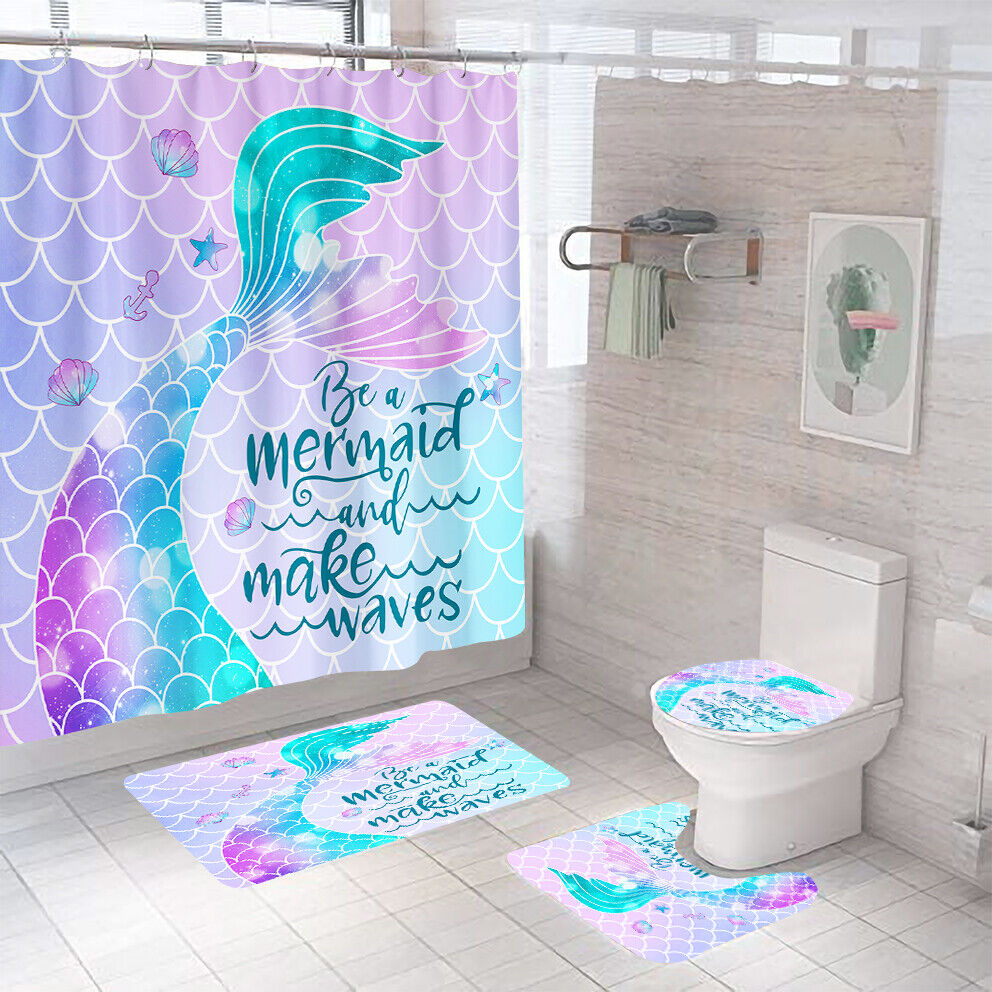 Watercolor Mermaid Print Shower Curtain for Girls Bathroom