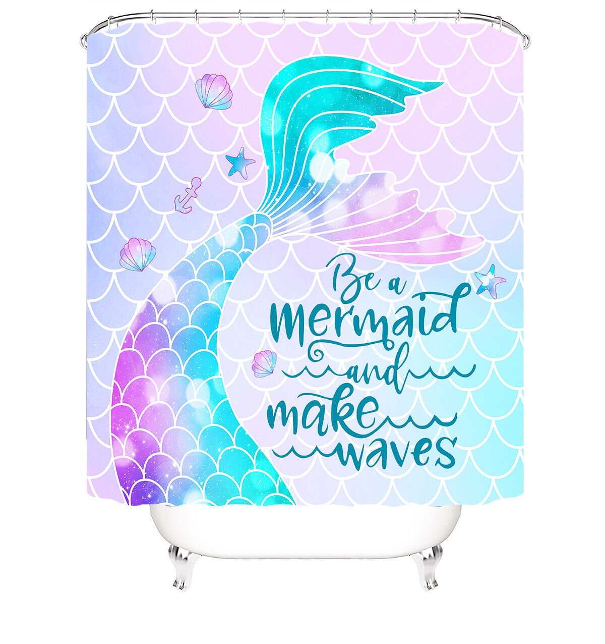 Watercolor Mermaid Print Shower Curtain for Girls Bathroom