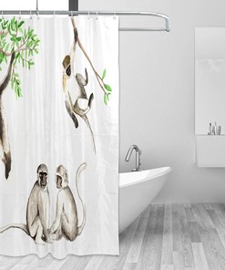 Watercolor Monkey Shower Curtain Cute Funny Animals, Various Poses Printed Fabric Waterproof Curtain 